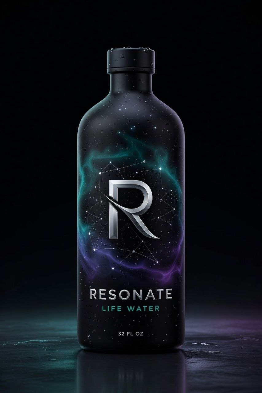 Resonate Life Water — 32 oz Glass Boston Round with Cosmic Nebula UV Sleeve